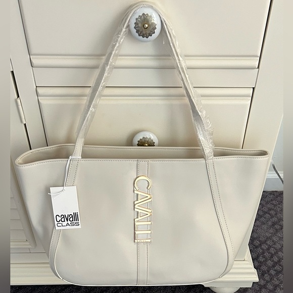 Cavalli Class Handbags - NWT Cavalli Class Sandra Shopper Tote Bag White Asparagus with Gold Hardware